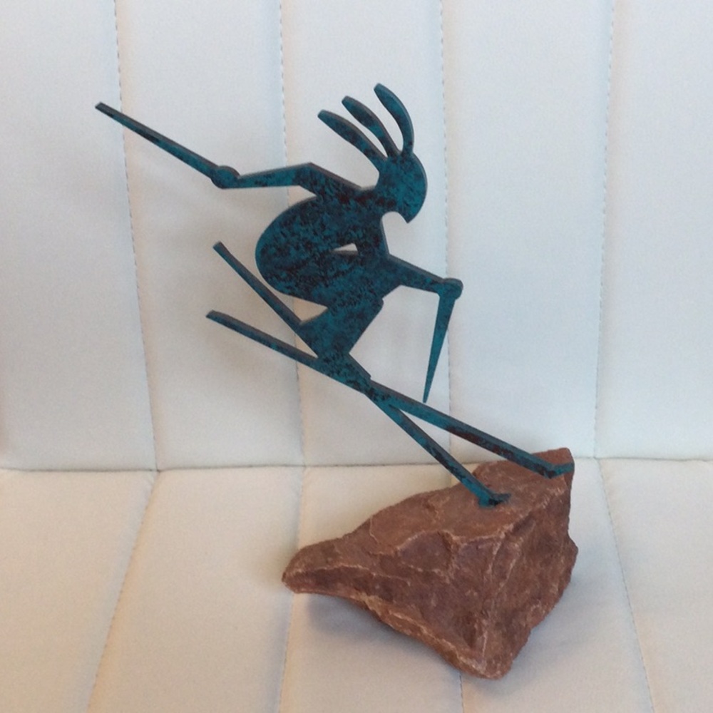 EUC Vintage Abstract Kokopelli Skier Art Metal Sculpture Teal/Brown Rock Stone